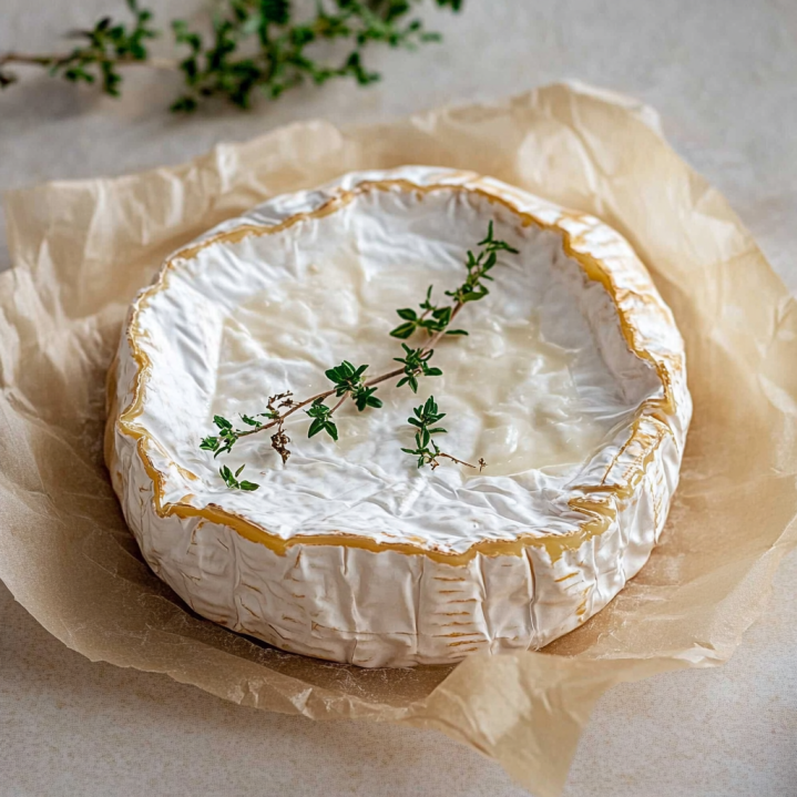 Camembert au four fondant garni de miel, thym frais et huile d'olive, servi sur une planche