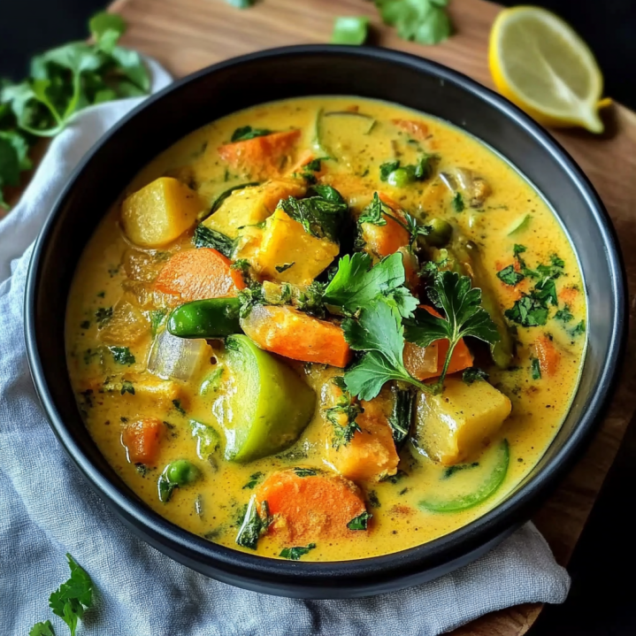 Bol de curry de légumes au lait de coco crémeux avec patate douce, carottes, courgette, petits pois et coriandre fraîche.