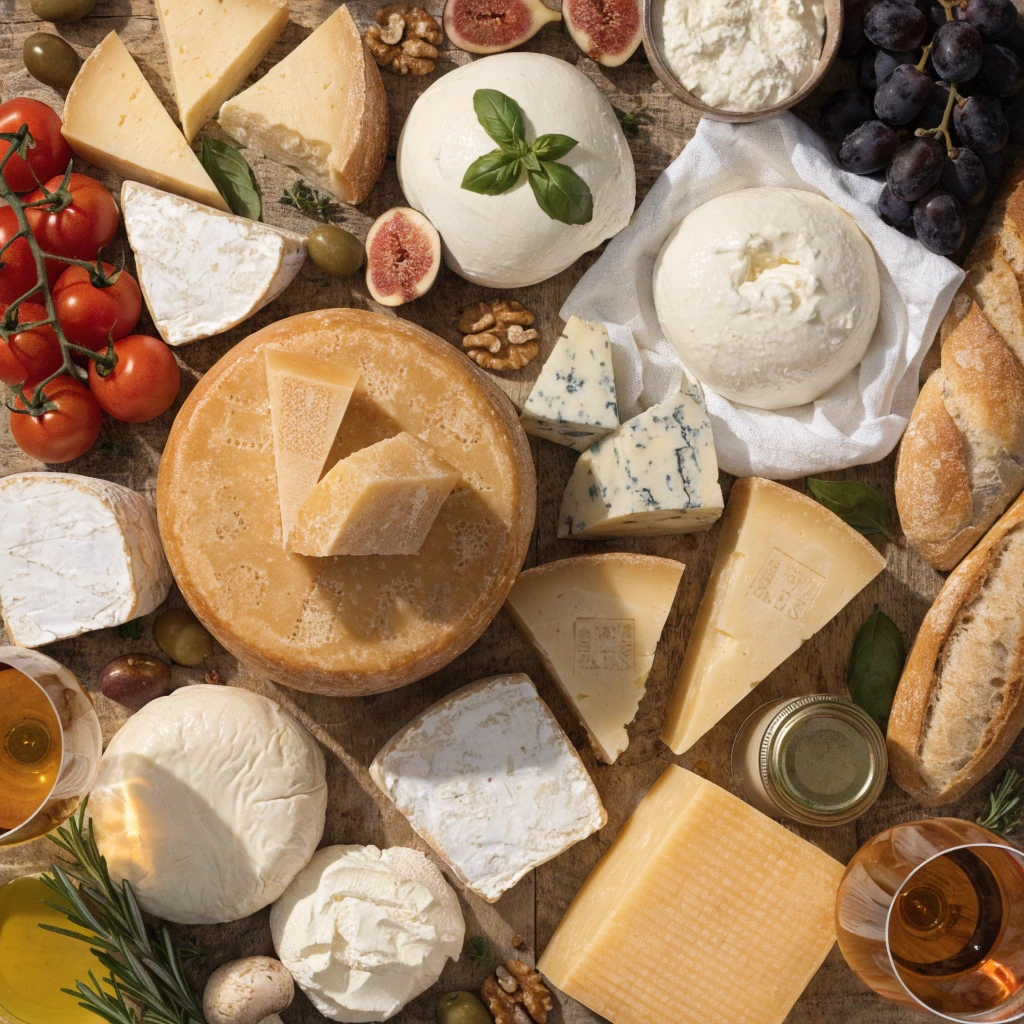 Plateau de fromages italiens authentiques avec Parmigiano Reggiano, Mozzarella di Bufala, Burrata, Gorgonzola, Pecorino Romano et Grana Padano