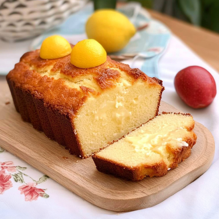 Gâteau au yaourt moelleux et doré, servi sur une planche en bois avec une tranche découpée, décoré de citron et accompagné de fruits frais.