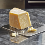 A wedge of authentic Grana Padano AOP cheese on a grater with freshly shaved cheese flakes.