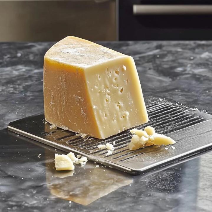 A wedge of authentic Grana Padano AOP cheese on a grater with freshly shaved cheese flakes.