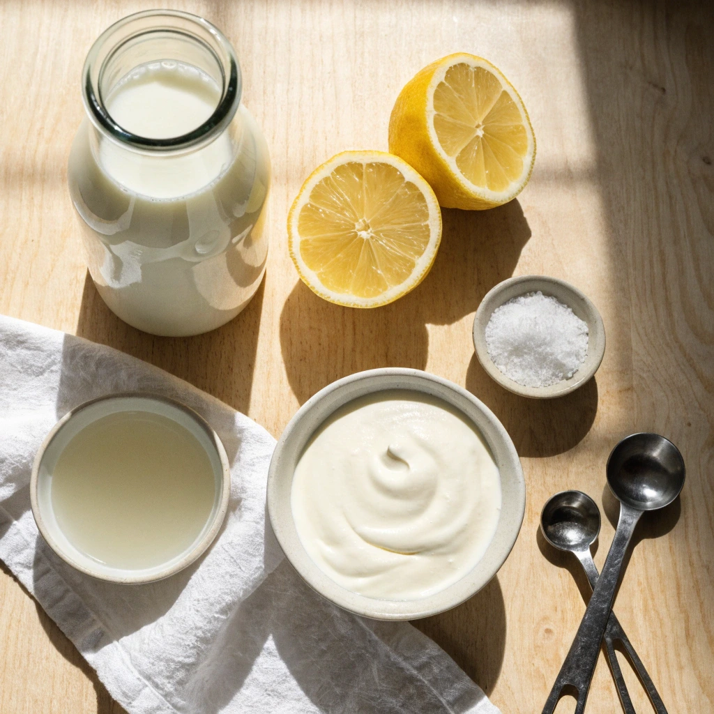 Ingredients for homemade cottage cheese including whole milk, lemon, thick cream, sea salt and measuring spoons on a wooden table.
