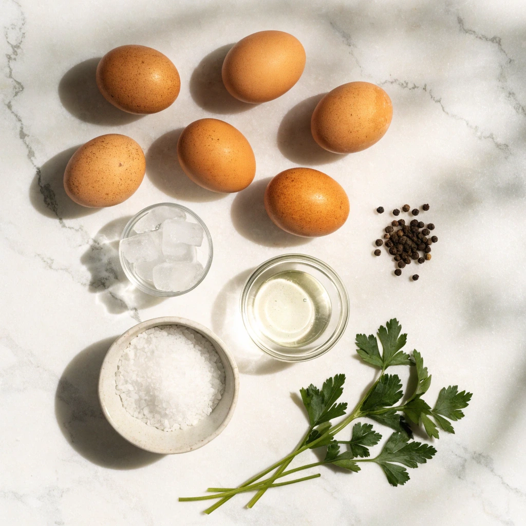 Ingrédients pour la cuisson œuf dur avec des œufs, du gros sel, du vinaigre blanc, des glaçons, du poivre et du persil frais.