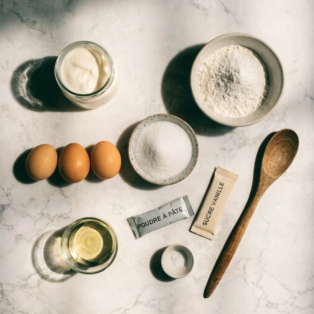 Vue de dessus des ingrédients nécessaires pour préparer un gâteau au yaourt traditionnel : yaourt nature, œufs, farine, sucre, huile, levure chimique, sucre vanillé, sel et cuillère en bois.