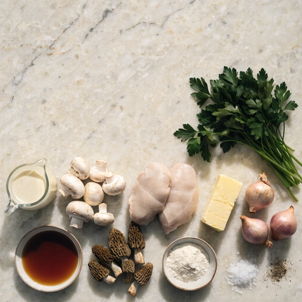 Ingrédients frais pour préparer des ris de veau à la crème : ris de veau, champignons, morilles, crème, beurre, échalotes, persil, farine, fond de veau, sel et poivre.