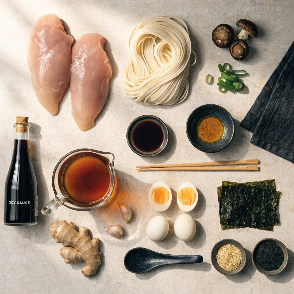 Ingrédients frais pour préparer un ramen maison au poulet avec nouilles ramen, œufs mollets, champignons shiitakés, sauce soja, gingembre, ail, nori et graines de sésame.
