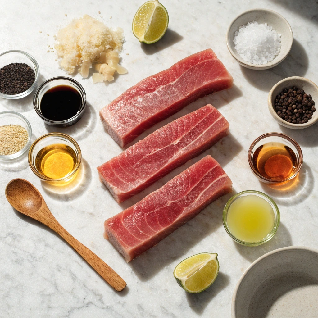 Ingrédients pour préparer un steak de thon mi cuit avec sauce soja, huile de sésame, citron vert, gingembre et graines de sésame