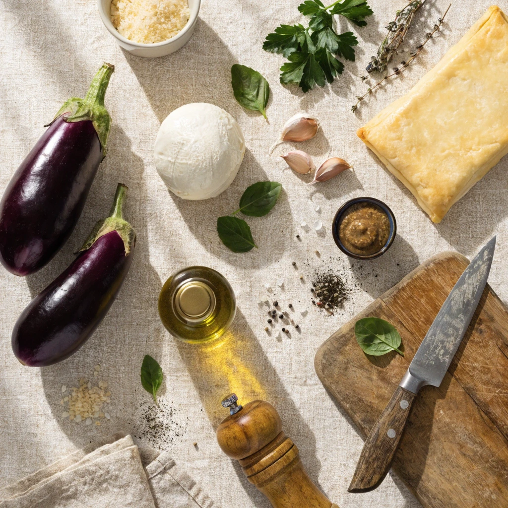 Ingrédients frais pour préparer une tarte aux aubergines avec des aubergines, de la mozzarella, une pâte feuilletée, de l’huile d’olive, de l’ail, du basilic, du parmesan, de la moutarde à l’ancienne, des herbes aromatiques et du poivre.
