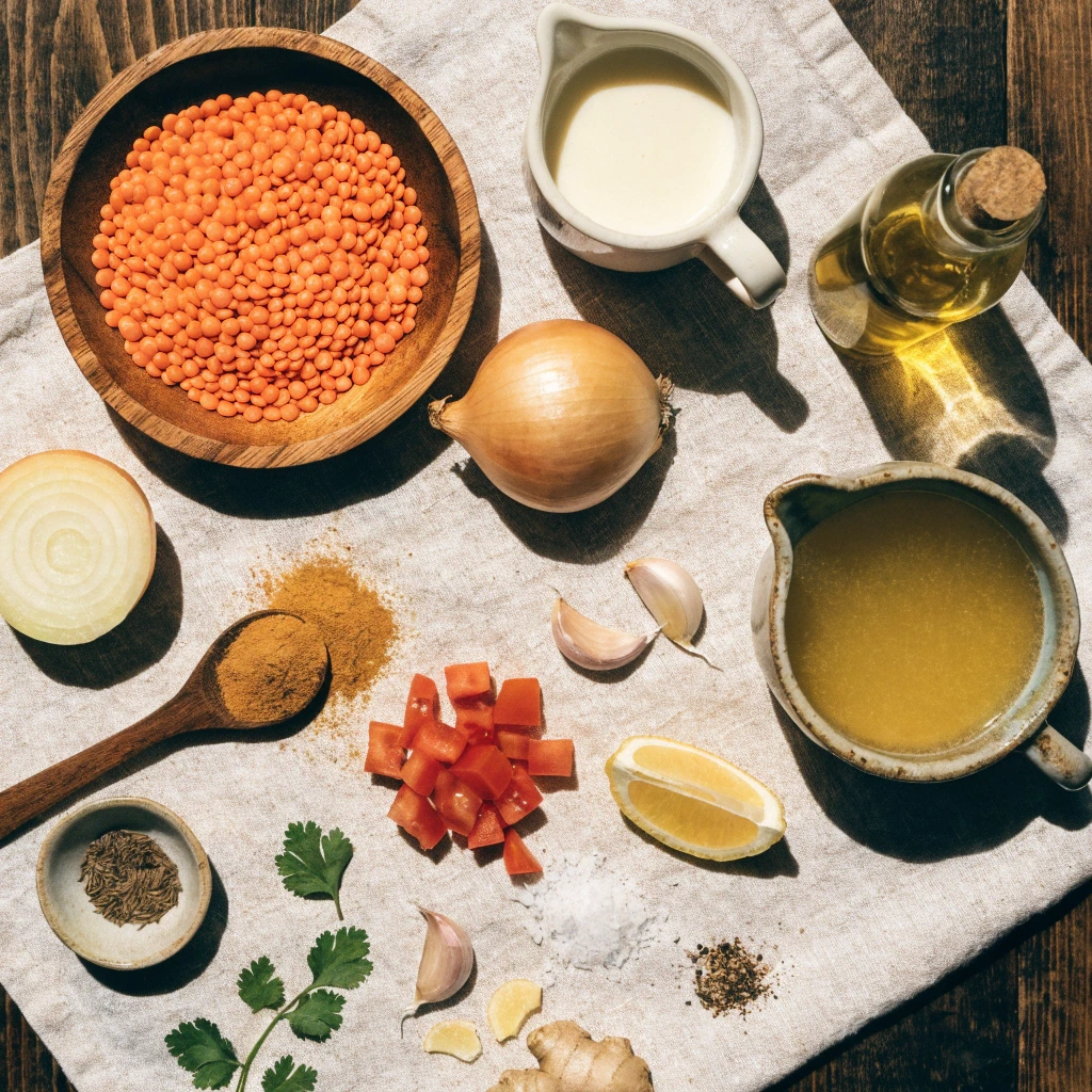 Ingrédients frais pour préparer un dahl de lentilles corail : lentilles corail, lait de coco, tomate, oignon, ail, huile d'olive, curry, cumin, gingembre, bouillon de légumes, coriandre fraîche et citron.