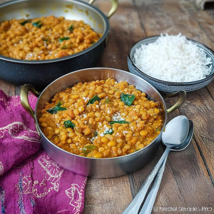 Bol de dahl de lentilles corail crémeux servi avec du riz basmati, préparé avec des épices, du lait de coco et garni de feuilles de coriandre fraîche.