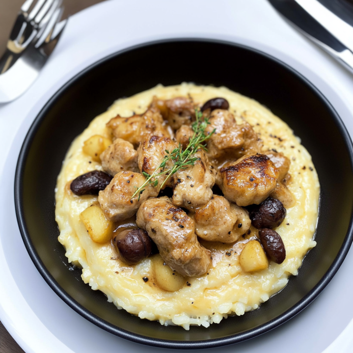 Ris de veau dorés servis sur une purée crémeuse avec champignons