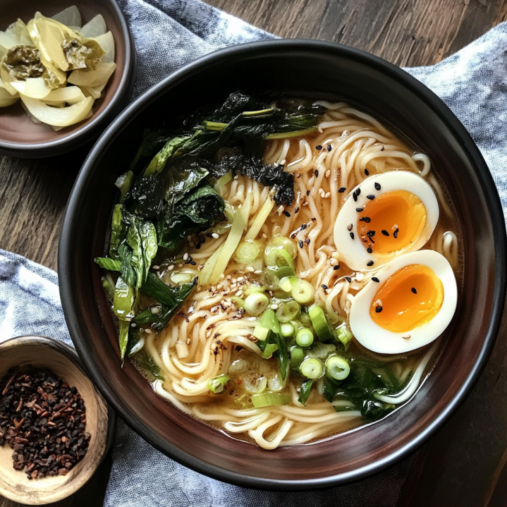 Bol de ramen maison au poulet garni de nouilles, d'un œuf mollet, de champignons, d'oignons verts,