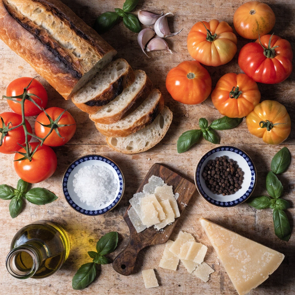 Ingrédients frais pour une recette bruschetta maison avec pain ciabatta, tomates mûres, basilic, ail, huile d'olive et parmesan.