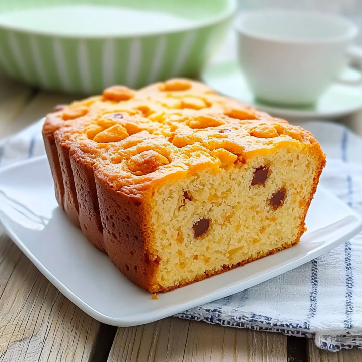 Cake salé maison moelleux à la croûte dorée, tranché sur une assiette blanche,