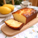 Gâteau au yaourt moelleux et doré, servi sur une planche en bois avec une tranche découpée,