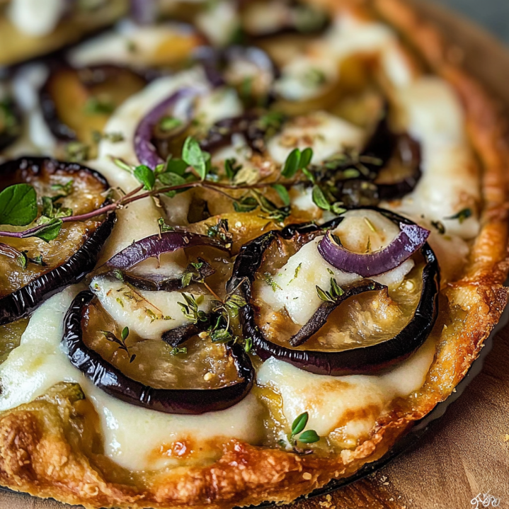 Tarte aux aubergines maison garnie de mozzarella fondante,