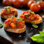 Recette bruschetta maison garnie de tomates fraîches, basilic et pain grillé croustillant.