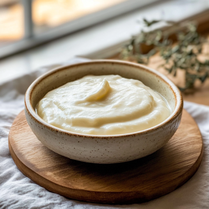 fromage frais maison crémeux garni de thym frais, servi sur une planche en bois dans une cuisine lumineuse.