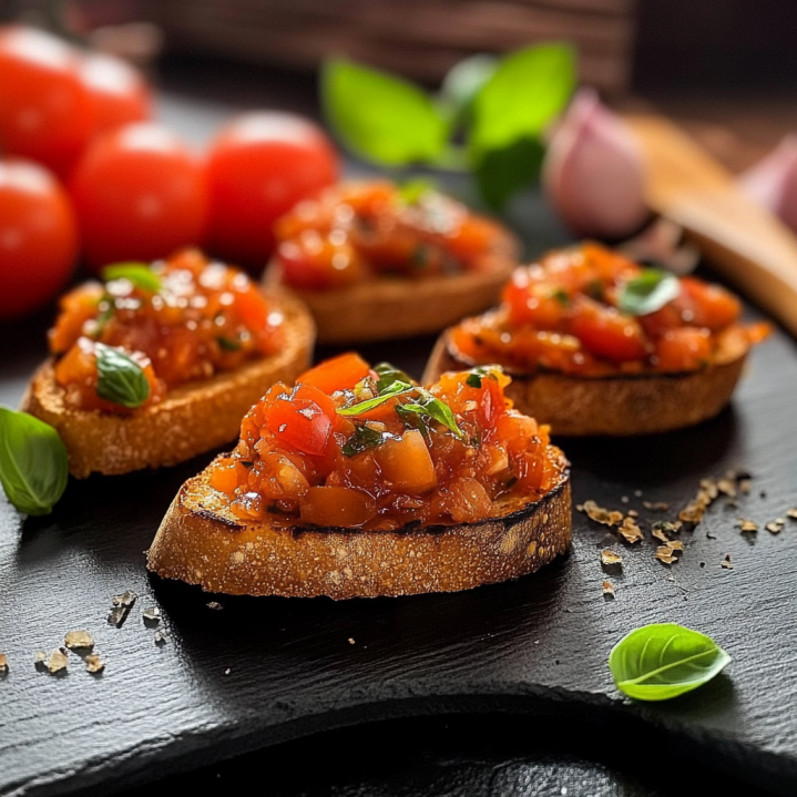 Recette bruschetta maison garnie de tomates fraîches,