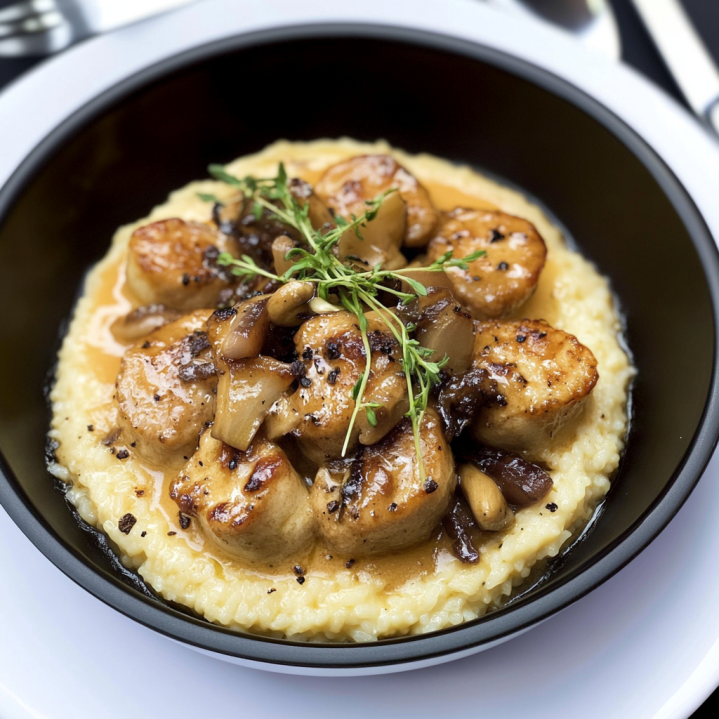 Ris de veau dorés servis sur une purée crémeuse avec champignons, échalotes et sauce à la crème dans un bol noir.