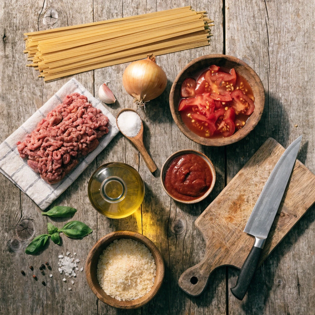 Fresh ingredients for homemade Spaghetti Bolognese including ground beef, spaghetti, tomatoes, onion, garlic, olive oil, tomato paste, basil, Parmesan cheese, salt, and a chef's knife on a rustic wooden table.