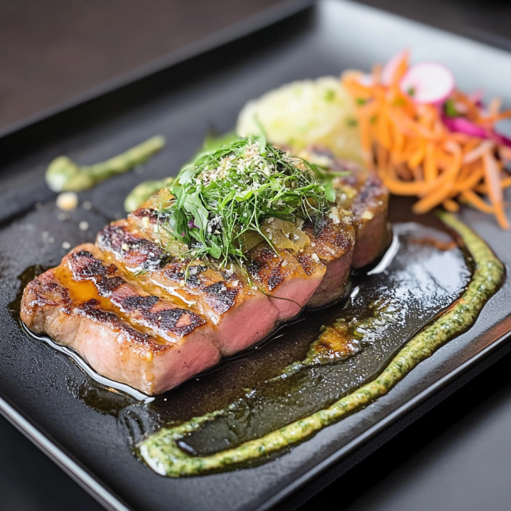 Steak de thon grillé mi cuit avec cœur rosé servi avec une sauce aux herbes et des légumes frais