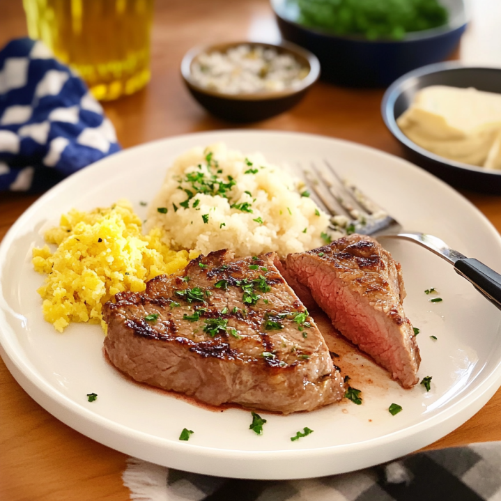 Steak de thon mi cuit poêlé avec cœur rosé accompagné de purée de pommes de terre et légumes