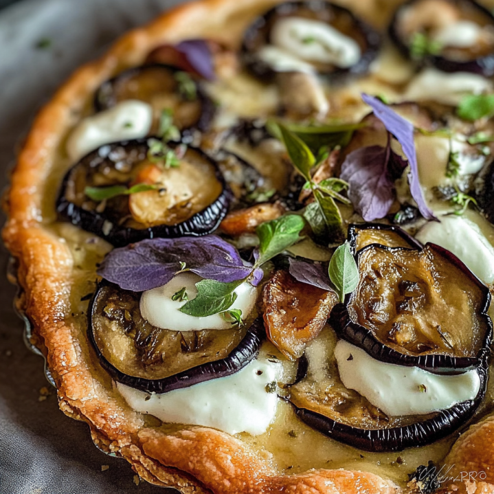 Tarte aux aubergines maison garnie de mozzarella fondante, aubergines rôties,