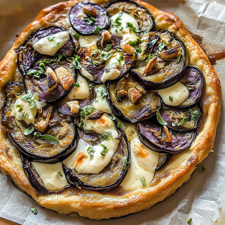Tarte aux aubergines maison garnie de mozzarella fondante, aubergines rôties, ail grillé et herbes fraîches sur une pâte feuilletée dorée.