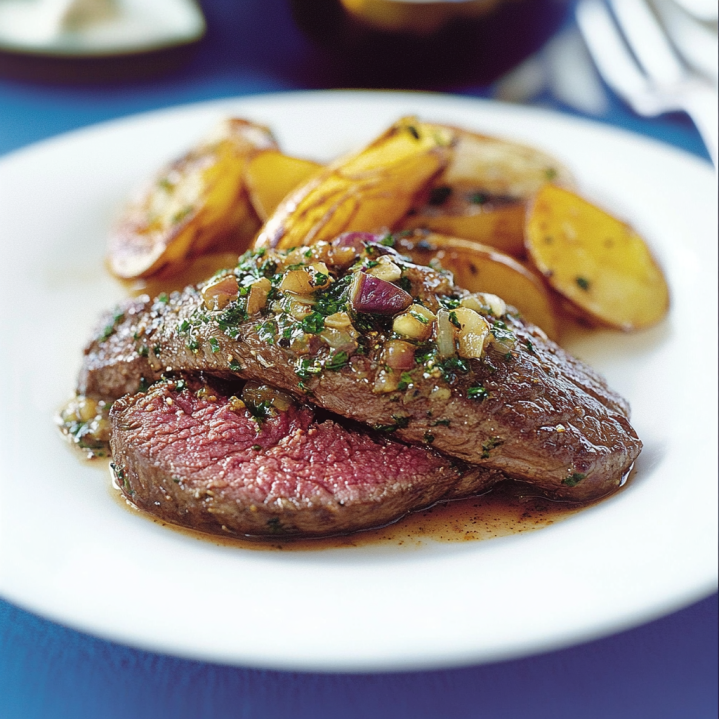 bavette de bœuf cooked medium rare and topped with a rich shallot sauce,