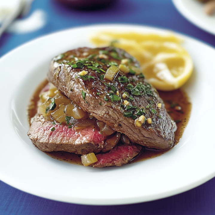 Juicy bavette de bœuf cooked medium rare and topped with a rich shallot sauce, served on a white plate with fresh parsley and lemon slices.
