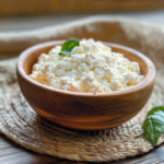 Fresh homemade cottage cheese served in a wooden bowl with basil leaves on a rustic table.