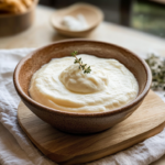 Bol de fromage frais maison crémeux garni de thym frais, servi sur une planche en bois dans une cuisine lumineuse.