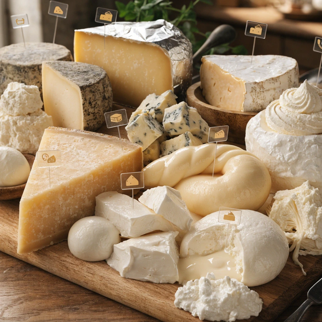 Collection de fromages italiens AOP avec Parmigiano Reggiano, Gorgonzola, Mozzarella, Burrata, Ricotta, Taleggio, Pecorino Romano et Scamorza sur une planche en bois