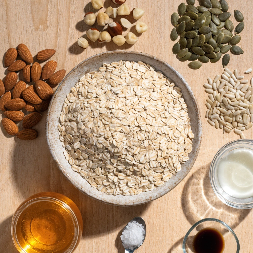 Ingrédients pour préparer un granola maison avec flocons d'avoine, amandes, noisettes, graines, miel, huile de coco, vanille et fleur de sel.