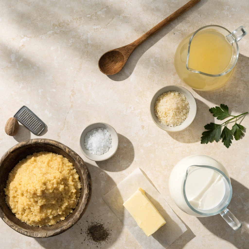 Top-down flat lay of traditional Italian polenta ingredients including coarse cornmeal, milk, vegetable broth, Parmesan cheese, butter, sea salt, black pepper, nutmeg, parsley, and a wooden spoon on a light stone background.