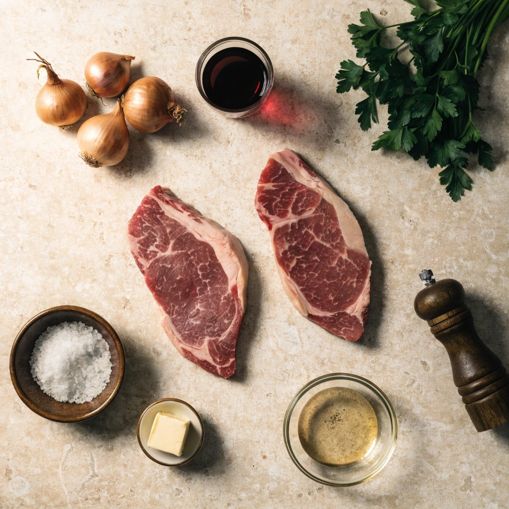 Fresh ingredients for bavette de bœuf à l'échalote including two raw beef bavette steaks, shallots, butter, red wine, parsley, coarse salt, pepper and oil arranged on a light stone surface.