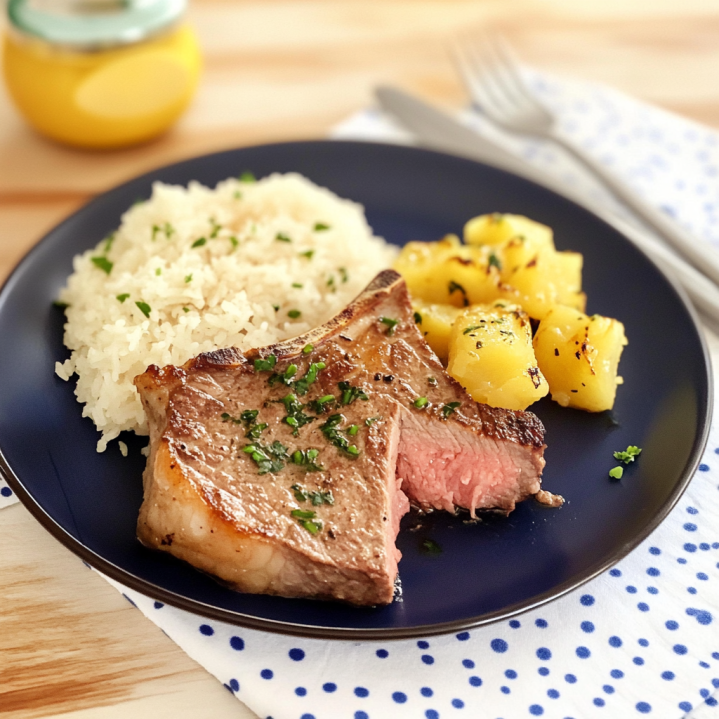 Steak de thon mi cuit poêlé avec cœur rosé accompagné de purée de pommes de terre