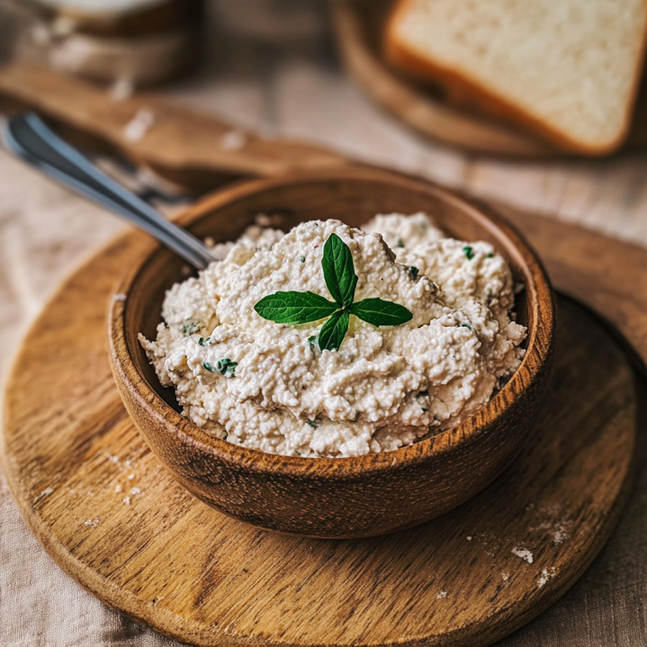 Recette de cottage cheese maison servi dans un bol en bois avec des herbes fraîches sur une planche rustique.
