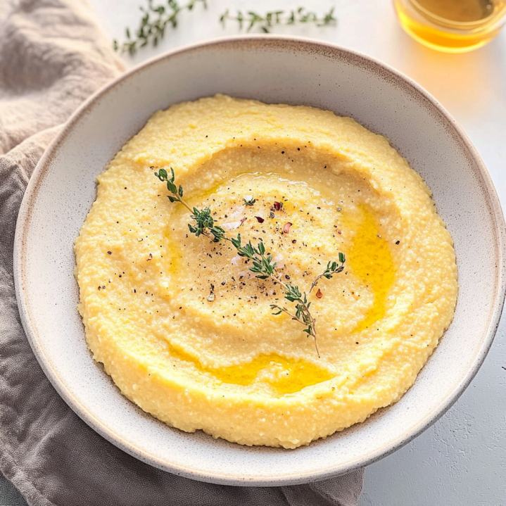 Creamy Italian polenta served in a white bowl with melted butter, cracked black pepper, fresh thyme, and Parmesan cheese.