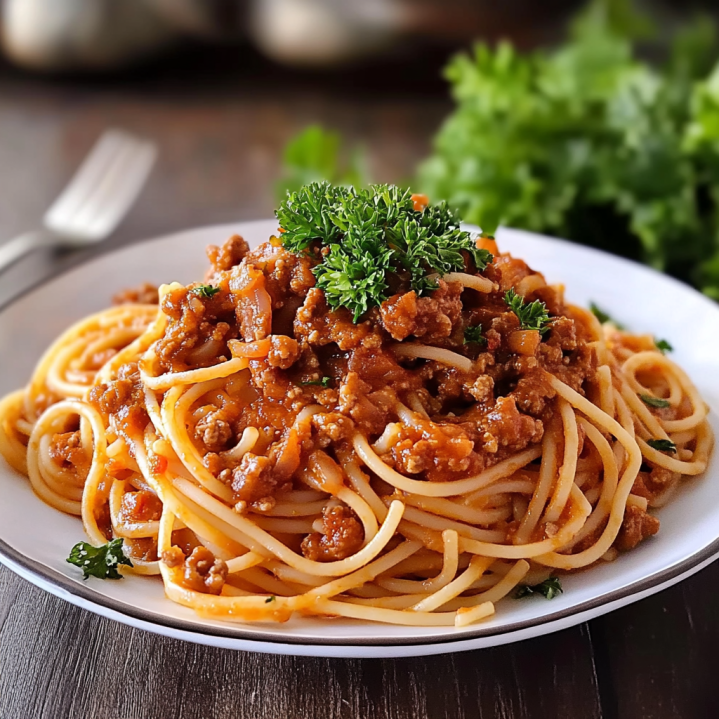 homemade Spaghetti Bolognaise topped with rich beef tomato sauce and fresh parsley