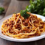 Plate of homemade Spaghetti Bolognaise topped with rich beef tomato sauce and fresh parsley, served as a classic Italian pasta dinner.